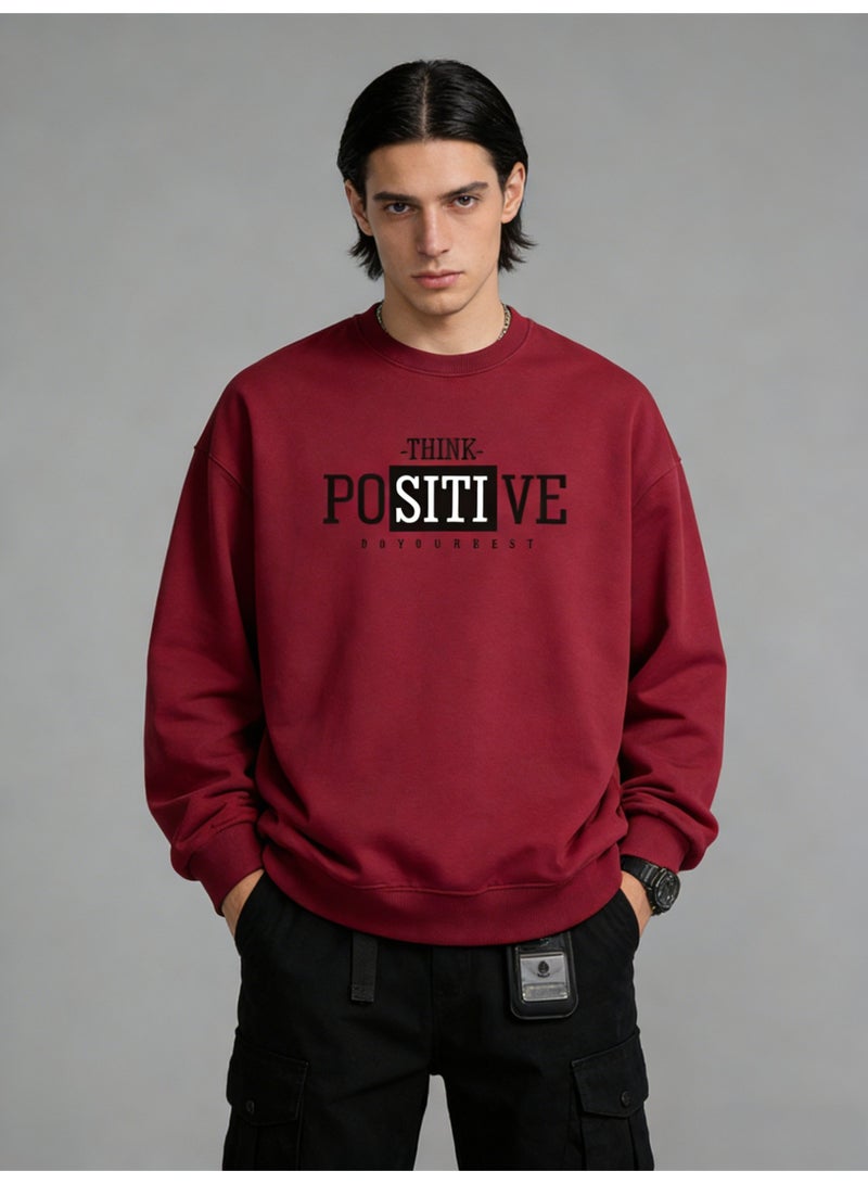 BM INS Burgundy "THINK POSITIVE" Block Letter Oversized Crew Neck Sweatshirt | Unisex Pullover With "DO YOUR BEST" Slogan - Image 1
